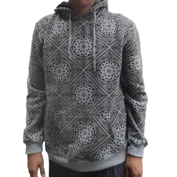 Mens Bandana Print Grunge Hoodie Pullover Grey Printed Sweatshirt - Picture 4 of 4